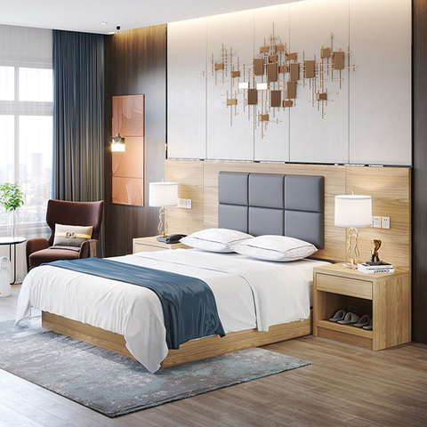Habitación de alquiler personalizada Diseños de muebles de madera Cama de hotel moderna