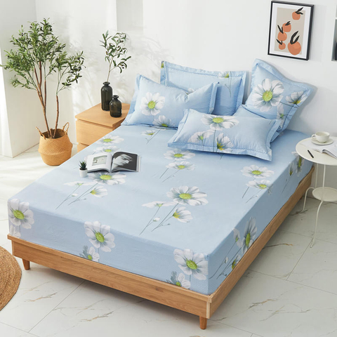 Lujoso juego de cama estampado azul claro con bolsillos profundos, cómodos y suaves